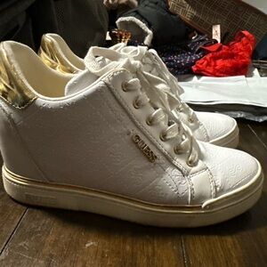 Guess White and Gold Hidden Wedge Sneakers